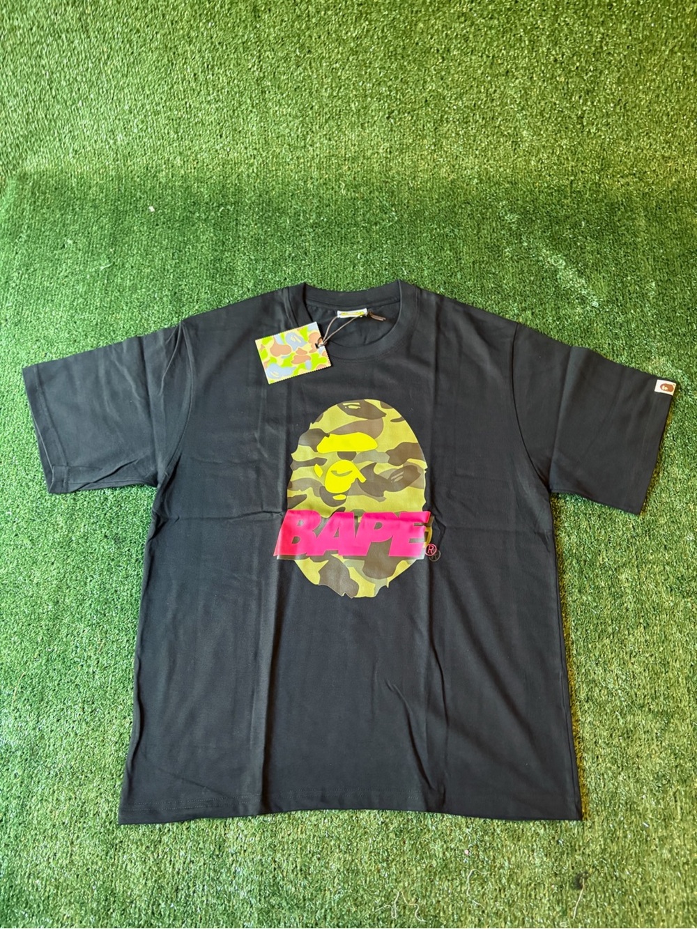 Bape Black Tee with Green Camo Ape Head and Pink Logo